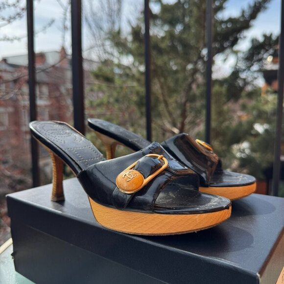 CHANEL Sandals Mules Heeled Shoes Platform Black Buckle CC Logo Box EUR 36.5 - Picture 7 of 16